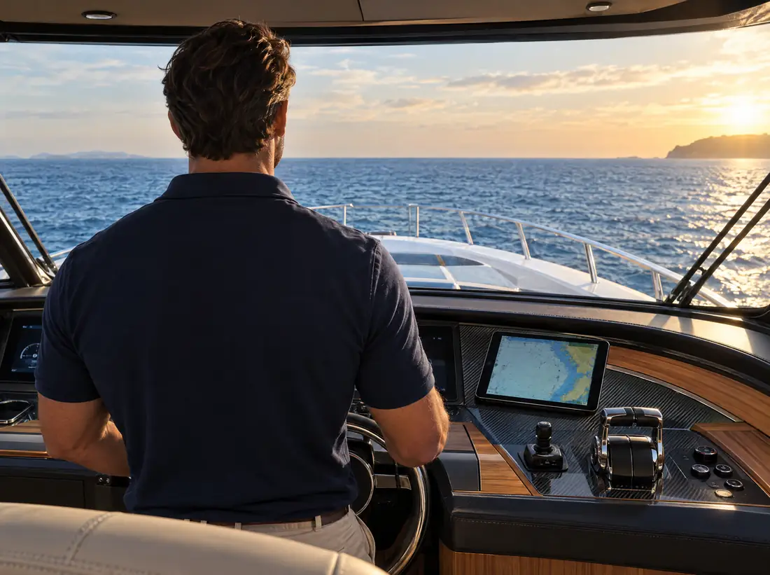A captain at the helm of a motor yacht looking out at open ocean